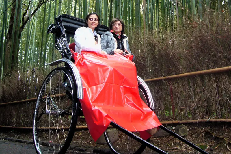 竹林の小径を走る人力車 — 歩いては通れない道です。